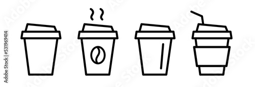 Coffee cup icon set. Disposable cup of coffee. Coffee To Go. Disposable coffee cup. Coffee paper cup set with label. Brown plastic container for drink.