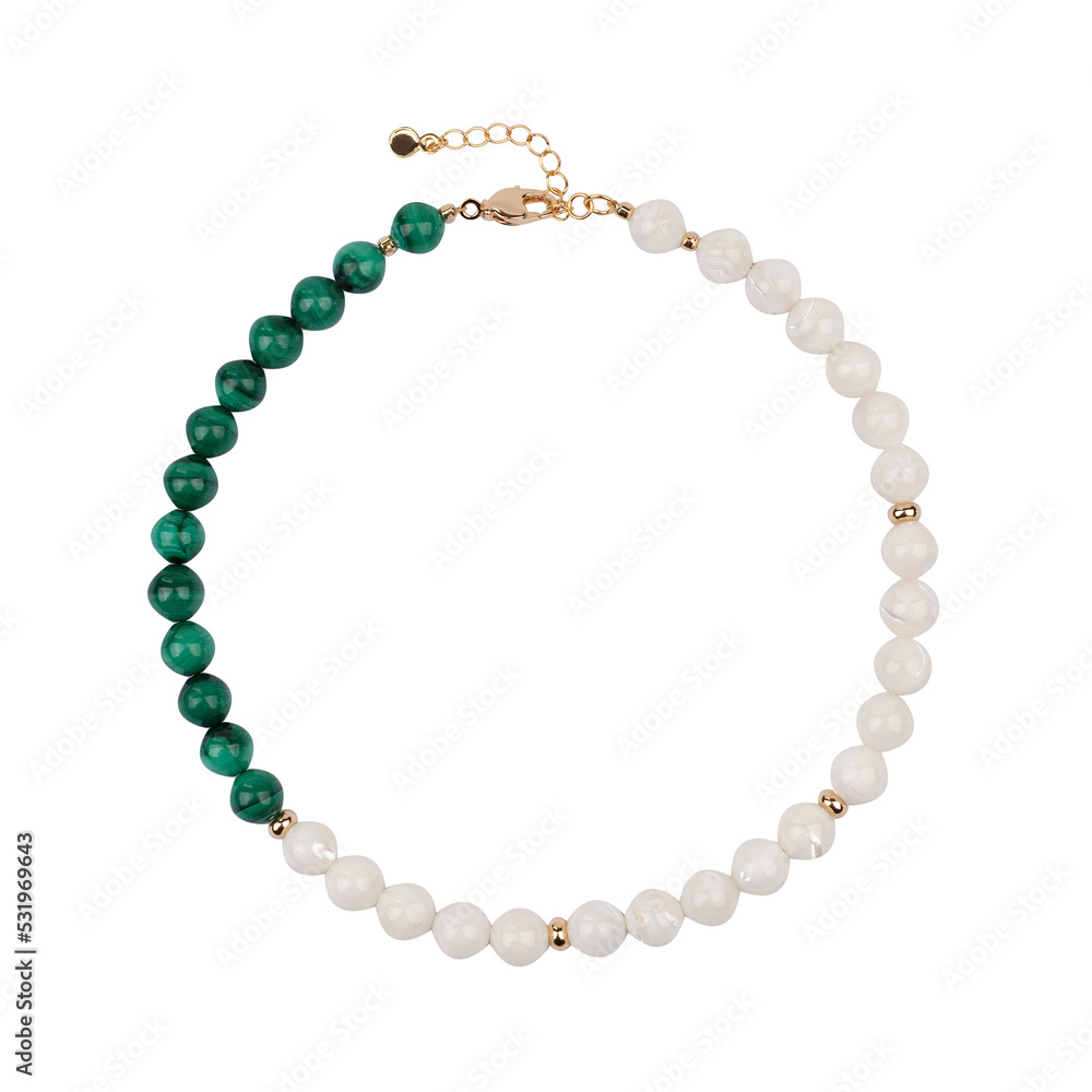 Golden necklace with green and white gemstones isolated on white background Golden necklace with green and white gemstones isolated on white background