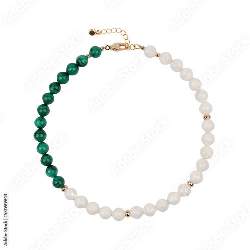 Golden necklace with green and white gemstones isolated on white background