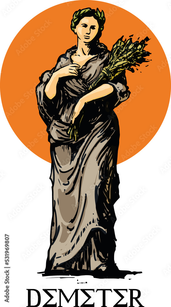 Fototapeta premium Demeter - goddess of the harvest in ancient Greek religion and mythology, woman with sheaf of grain in hands