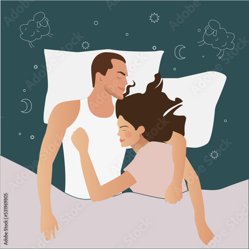 Cute sweet young couple lying in bed and cuddling. Sleep. Night. Characters guy and girl sleeping in bed.  Illustration in vector style. Light and soft shades.