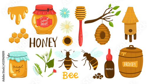 The collection of cute bee and honey and flower and leaf in the pack in flat vector style. set of bee for graphic and etc.