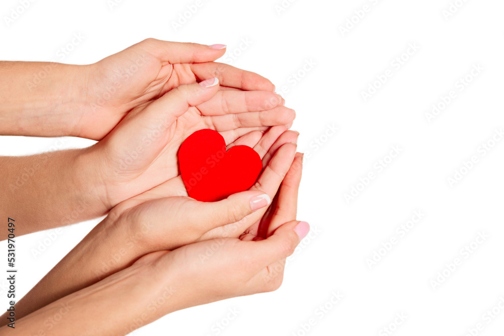 Female hands holding red heart as symbol of health care, love, organ donation, mindfulness, wellbeing, family insurance and CSR concept Female hands holding red heart as symbol of health care, love, organ donation, mindfulness, wellbeing, family insurance and CSR concept