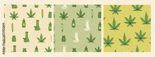 Medical Marijuana, smoking accessories. Glass bong for smoking weed, joint. Hemp leaves, oil. Cannabis and weed legalization concept. Hand drawn Vector illustration. Set of three Seamless Patterns