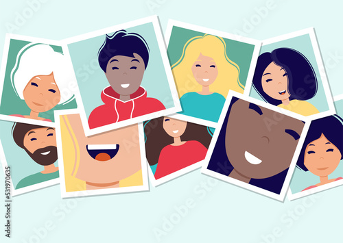 World smile day. Many pictures with smiling people of different nationalities. Photo frames on the table. Template for banner, postcard, card, invitation. 