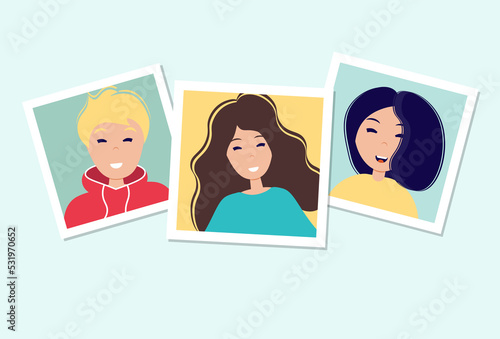 World smile day. Many pictures with smiling people of different nationalities. Photo frames on the table. Template for banner, postcard, card, invitation. 