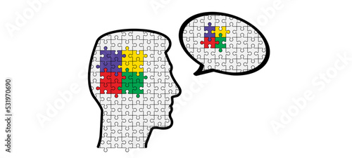 Head, face and jigsaw puzzle pieces. Cartoon autism ribbon. Vector world awareness day. Autism spectrum disorder (ASD) is a neurological and developmental disorder with social skills.