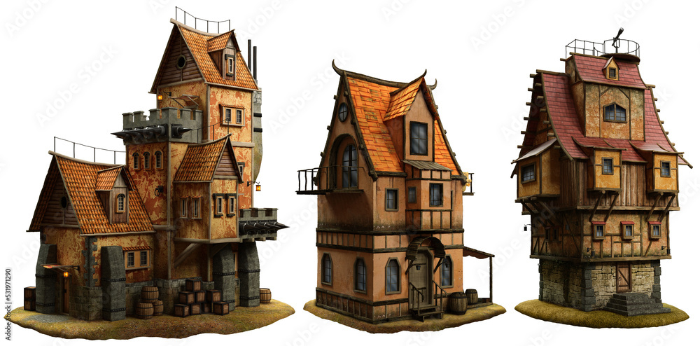 Naklejka premium Old fantasy buildings 3D illustration 