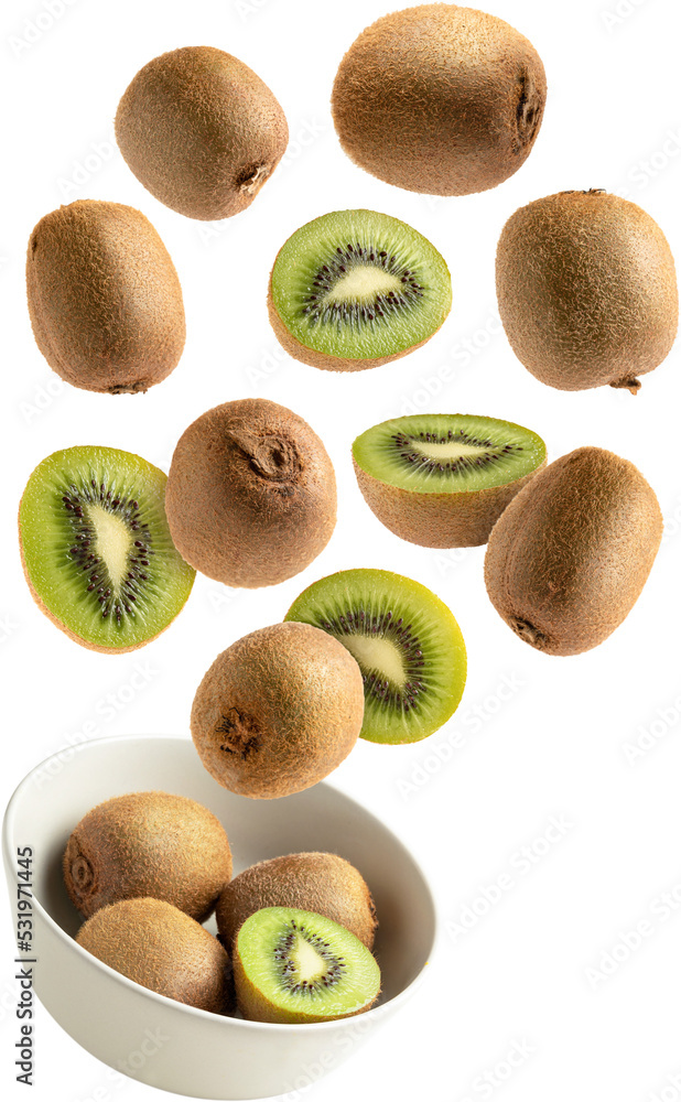 Fototapeta premium Fresh kiwis falling into a bowl