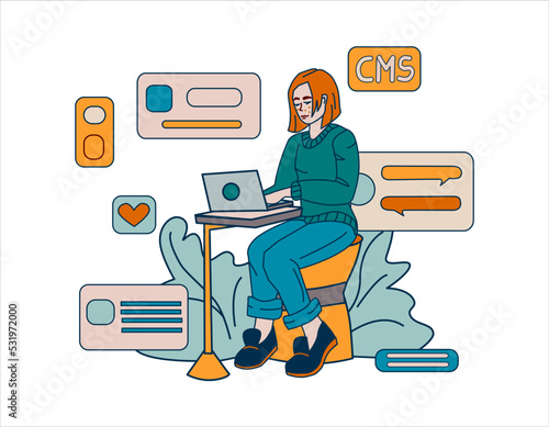 CMS coder, software architecture concept. Young girl work with content management system . Flat vector concept illustration.