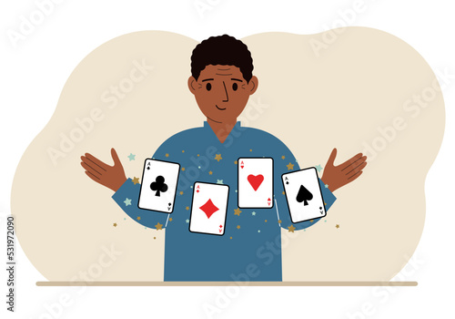 Man holding playing cards cards. Playing combination of 4 aces or four of a kind.