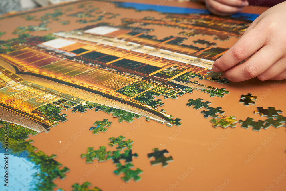 Man collects mosaic. Folding puzzle. Man collects mosaic. Folding puzzle.
