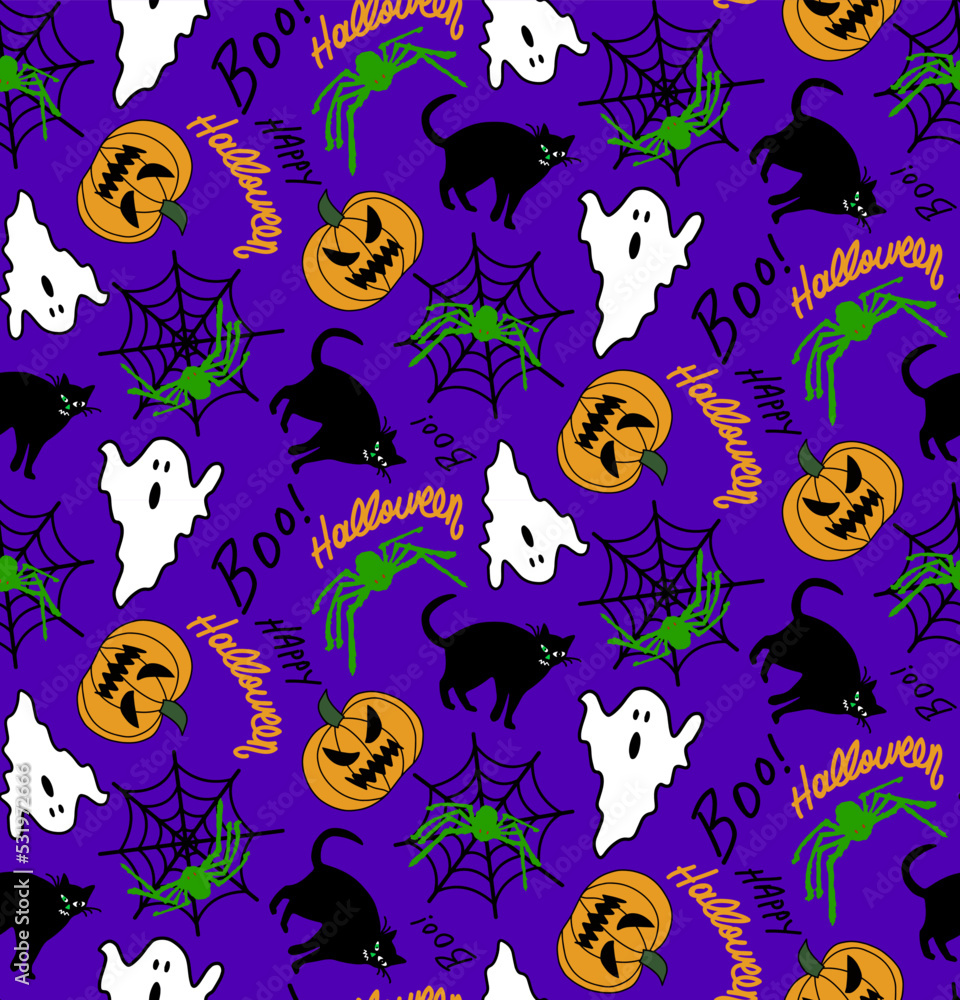 Abstract Hand Drawing Halloween Concept Pumpkins Cats Spiders and Spider Webs Seamless Vector Pattern Isolated Background