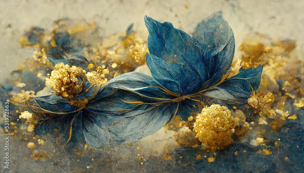 Elegant golden and blue flowers and branches on light background ...