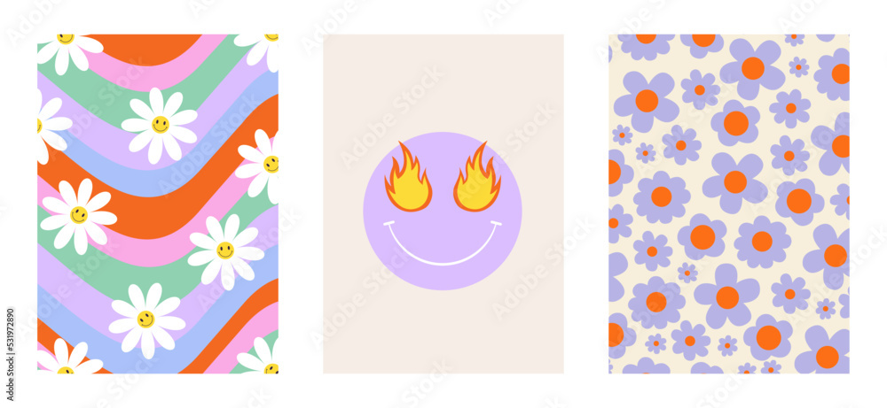 Set of colorful groovy posters in 70s and 60s hippy art style. Retro floral background, abstract waves and positive emoji for prints and cards. Vintage nostalgia vector elements