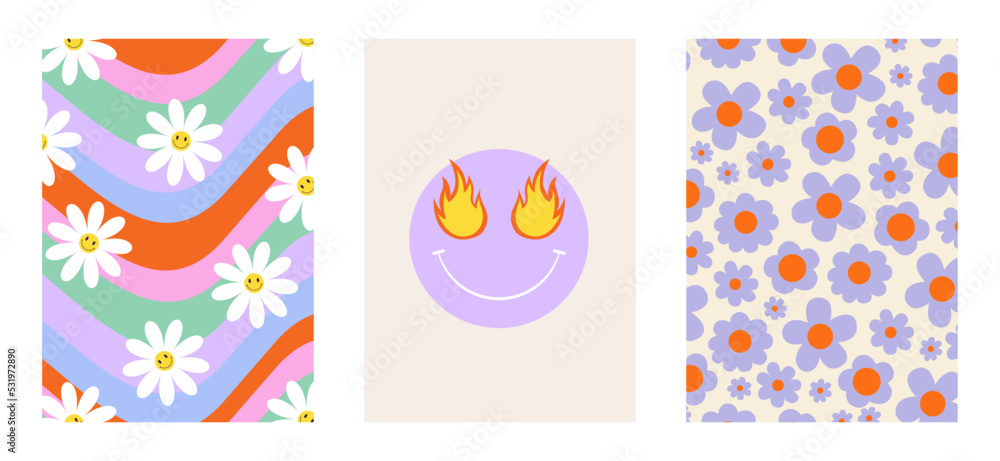 Set of colorful groovy posters in 70s and 60s hippy art style. Retro floral background, abstract waves and positive emoji for prints and cards. Vintage nostalgia vector elements Set of colorful groovy posters in 70s and 60s hippy art style. Retro floral background, abstract waves and positive emoji for prints and cards. Vintage nostalgia vector elements