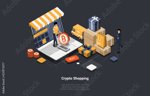 Crypto Shopping, Buying Goods And Services For Cryptocurrency. Characters Buying Goods Paying By Cryptocurrency Online. Characters Make Transactions In Online Store. Isometric 3d Vector Illustration