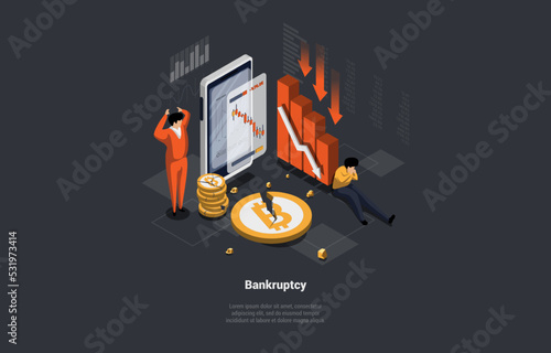 Concept Of Stock Market Crash, Default, Unemployment, Debts, Bankruptcy, Unpaid Loan and Financial Crisis. People Loss Investments, Money Savings, Loss Job. Isometric Cartoon 3D Vector illustration