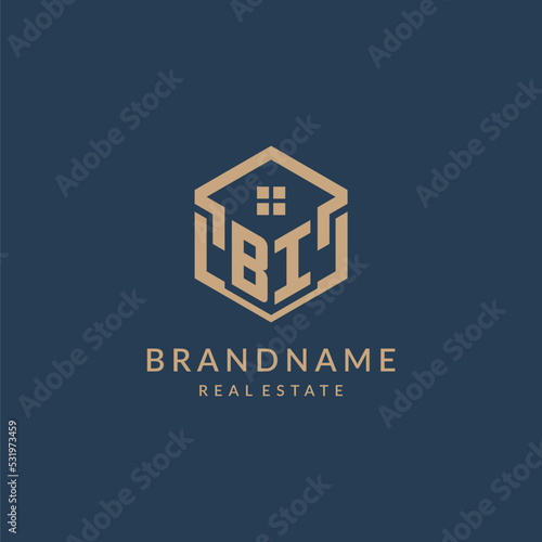 Initial letter BI hexagonal house roof shape icon logo design