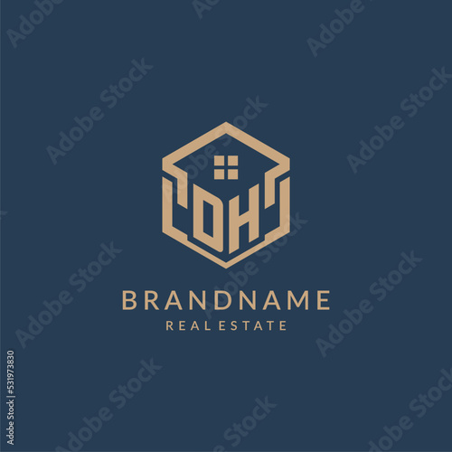 Initial letter DH hexagonal house roof shape icon logo design