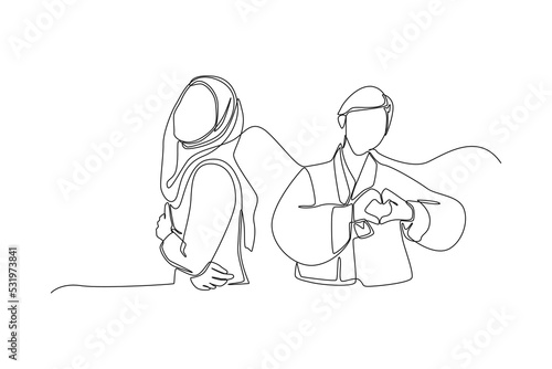 Two people who have different activities, are queuing to wait for an invitation. Continuous line. Simple line
