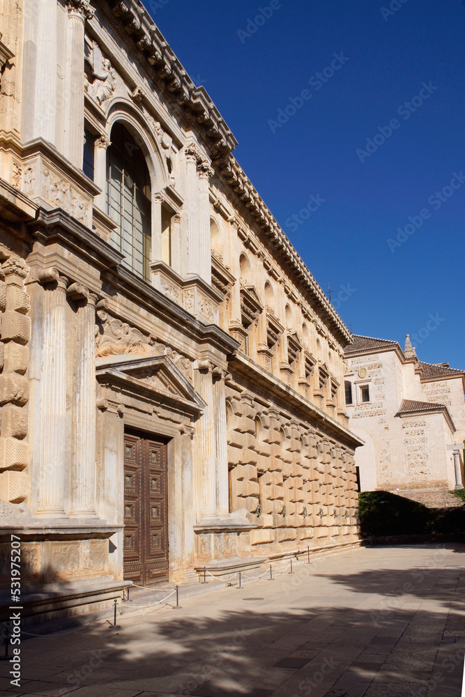 Granada (Spain). South facade of the Palace of Carlos V inside the Alhambra in Granada