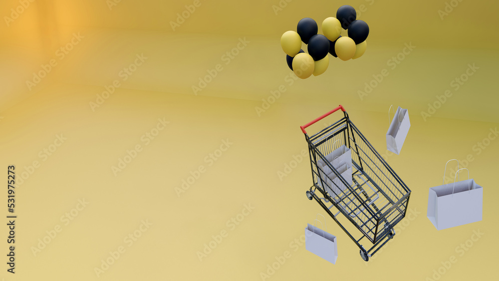 3d rendering, shopping cart yellow background, copy space, shopping and shopping bags 3d rendering, shopping cart yellow background, copy space, shopping and shopping bags