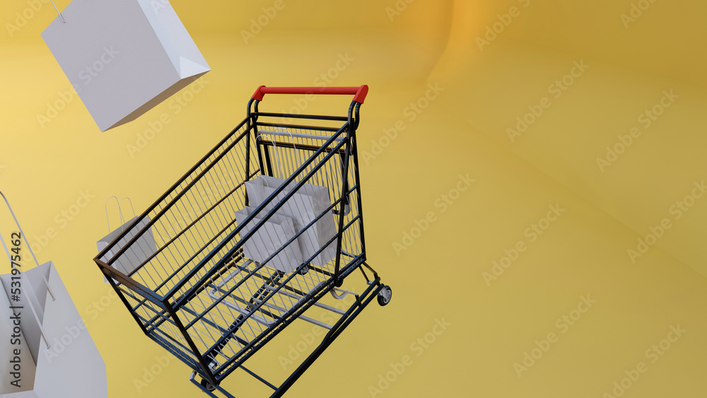 3d rendering, shopping cart yellow background, copy space, shopping and shopping bags 3d rendering, shopping cart yellow background, copy space, shopping and shopping bags