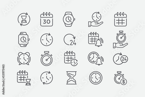 Time and clock vector linear icons set. Timer, alarm, calendar,  time, stopwatch, hourglass, and more. Collection of time icons. Vector illustration