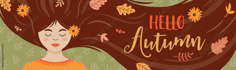 Autumn illustration with cute woman with leaves in her hair. Vector design for card, poster, flyer, web, background, wallpaper, banner for website.