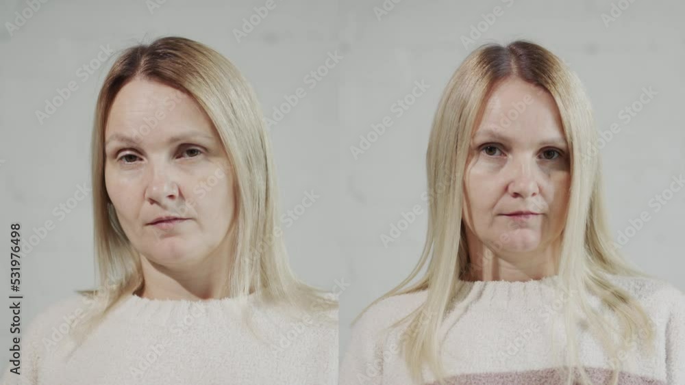 Portrait of a middle aged woman before and after hair extensions Portrait of a middle aged woman before and after hair extensions