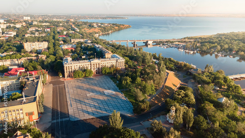City peninsula over the river in Ukraine, Nikolaev. From a bird's eye view from a drone. River port, Mykolaiv, Mykolaiv Oblast, Ukraine