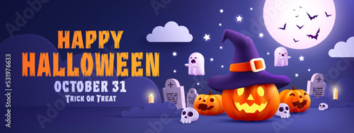 Halloween Promotion Poster or banner template.Halloween night seen with big Moon, Pumpkin ghost,Wizard Hat,cute ghost,cartoon skull and halloween elements. Website spooky or banner template