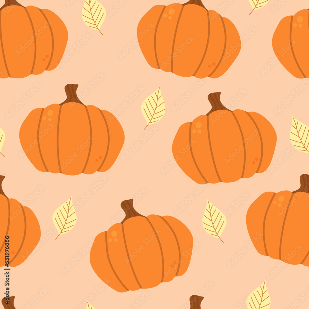 Cute pumpkins and foliage. Yellow leaves in flat style. Seamless pattern. Cute pumpkins and foliage. Yellow leaves in flat style. Seamless pattern.
