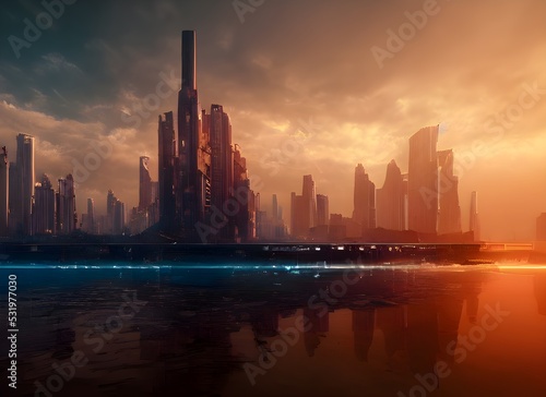Metropolis of the future on a summer evening at sunset. Red  orange  yellow light. Blue neon. River in the foreground