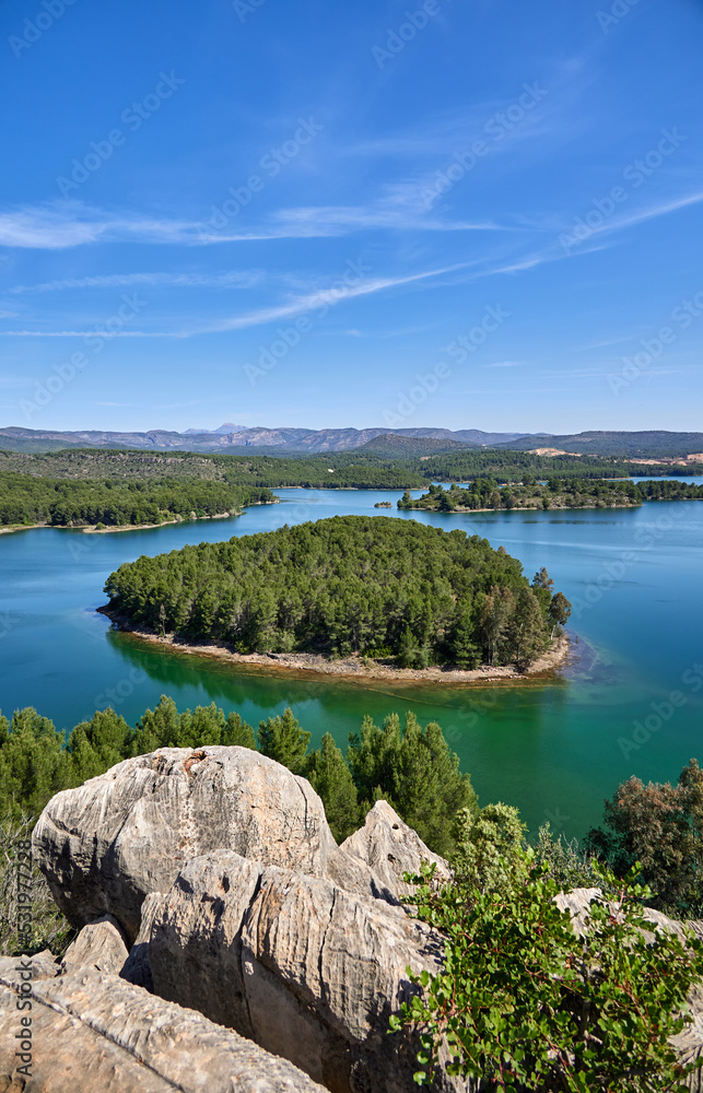 View of Sitjar Reservoir, located in Onda, Castellon, Spain, during a sunny day in spring