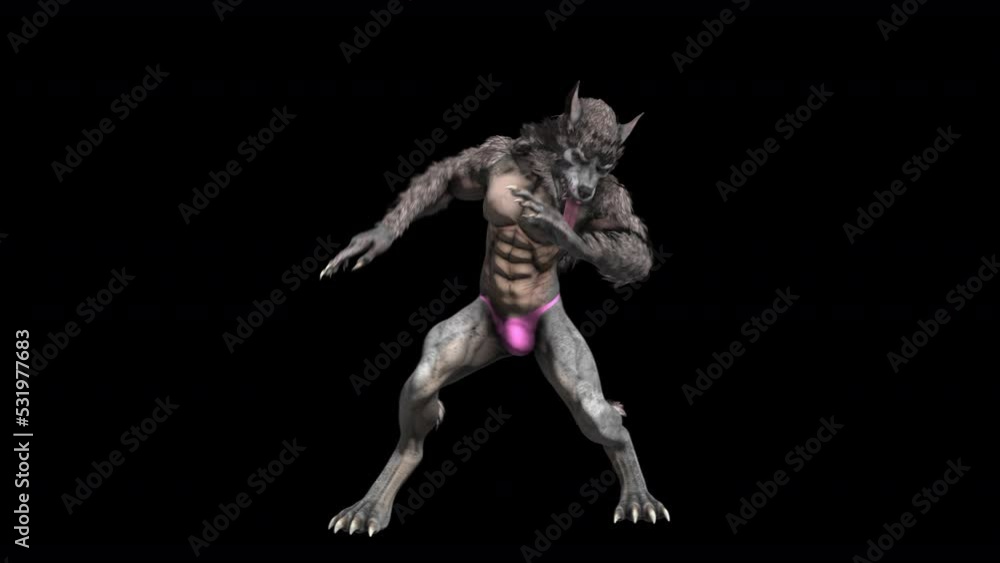 Seamless animation of a werewolf with thong dancing salsa isolated with alpha channel. Funny cartoon character for Halloween background.