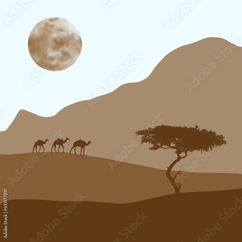 Desert landscape with camels