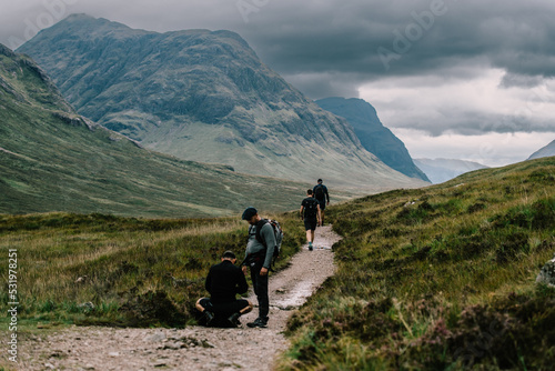 Group of hikers walking in Scotland. West Highland way. High quality photo photo