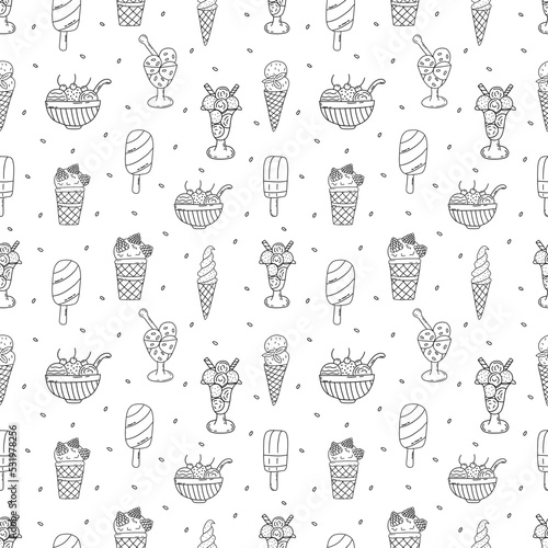 Seamless pattern with different ice cream in cups, on a stick, in a bowl. Black and white vector doodle illustration. Hand drawn contour collection. Wrapping or textile print. Paper art template