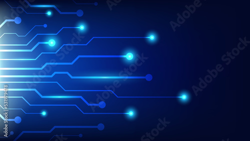 Hi-tech digital circuit board. AI pad and electrical technology lines on blue lighting background with copy space