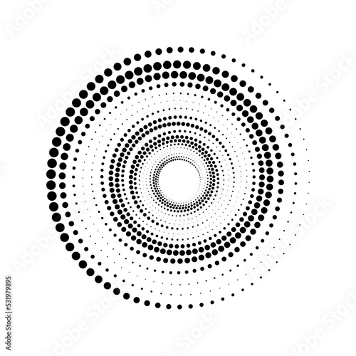 Black circles from a dot in a spiral. Isolated on white background. Abstract clipart.