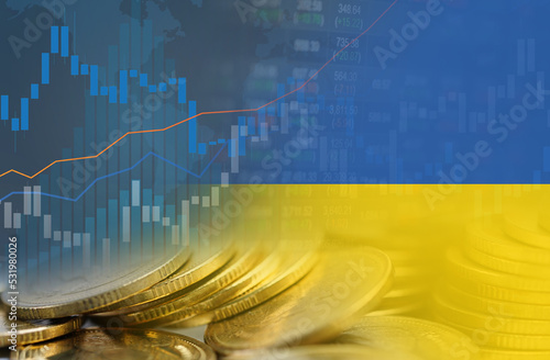 Stock market investment trading financial, coin and Ukraine flag or Forex for analyze profit finance business trend data background. photo