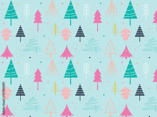 Winter seamless pattern with christmas trees, spruce woods on white background. Surface design for wrapping, giftwrap, textile, fabric, paperand scrapbook