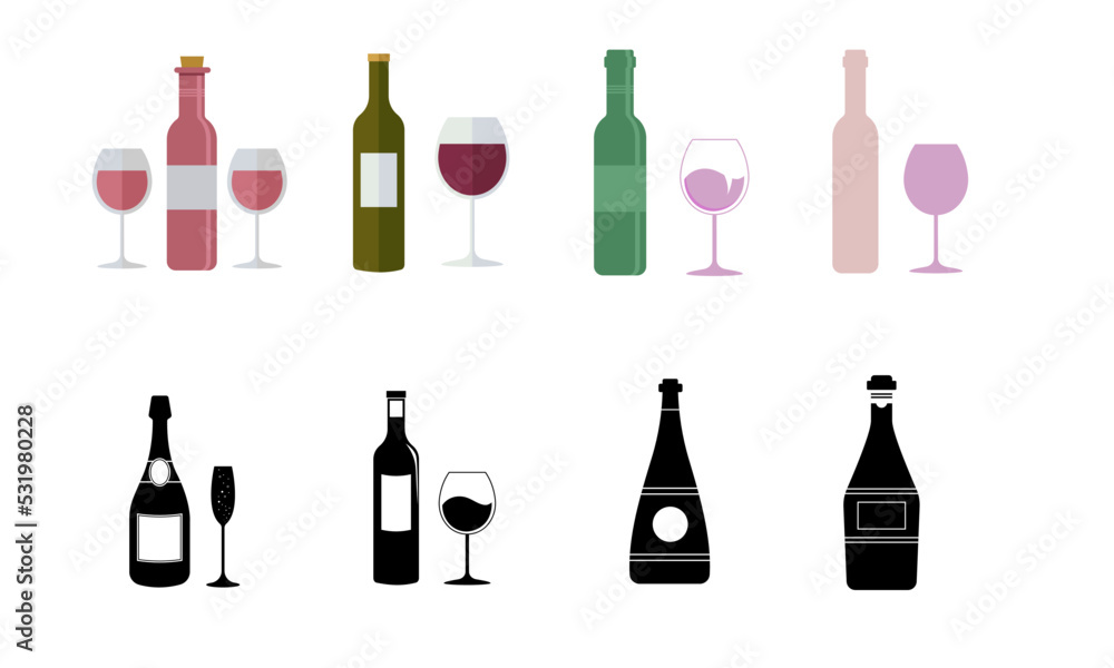 Collection of illustrations of bottles and wine glasses. Collection of illustrations of bottles and wine glasses.