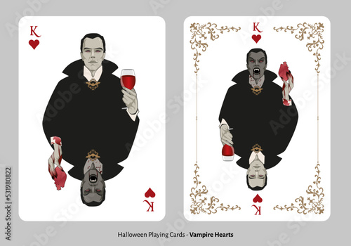 Halloween playing cards. Hearts King. Vampire holding a glass of wine and showing his fangs holding a bloody heart.