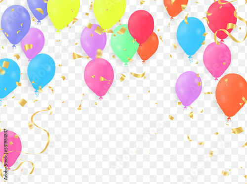Realistic colorful helium balloons isolated on background. Party decoration frame for birthday, anniversary, celebration. message presentations or identity layouts. Graphic template and ideas.