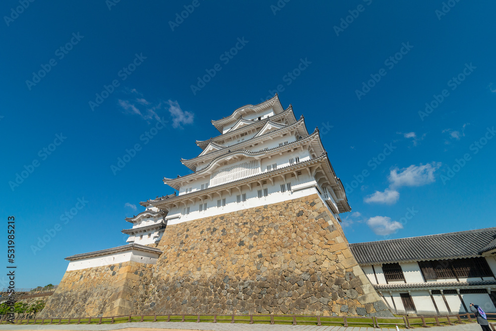 Himeji Castle fortification against blue skies in Himeji, Hyogo Prefecture, Japan.