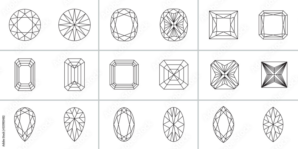 Collection of gem, diamond, crystal and jewel stone shapes sizes top,  bottom, up down line drawing, various types of finished precious stones vector illustration for print and digital - obrazy, fototapety, plakaty 