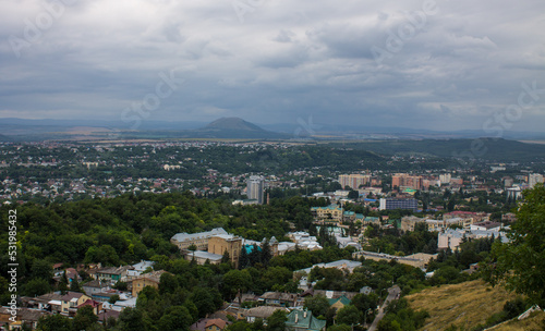 Panoramic top view of Pyatigorsk, Stavropol territory with residential buildings among green trees